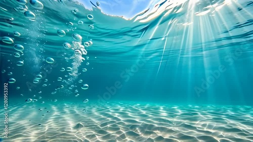 Deep Blue Clear Water with Surface Waves, Sunrays Illuminating the Ocean Floor, and Rising Air Bubbles