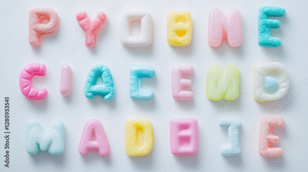 Naklejka premium Colorful Shaped Cereal Pieces Arranged on White Isolated Background