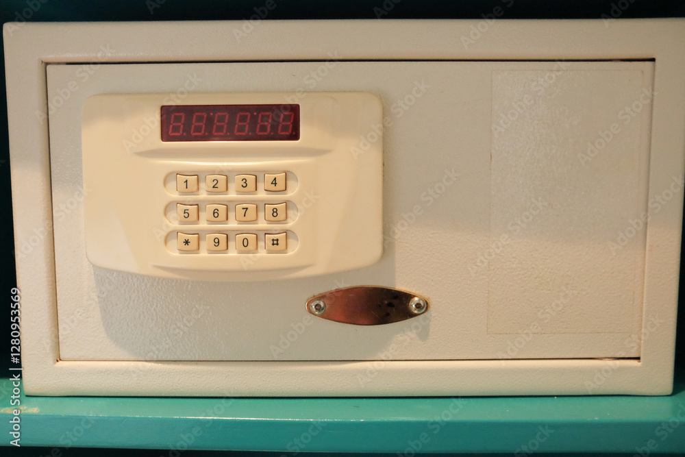 A white hotel safe with a numeric keypad, providing secure storage for valuables in a modern setting A white hotel safe with a numeric keypad, providing secure storage for valuables in a modern setting