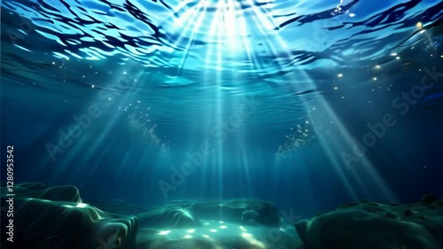 Deep Blue Clear Water with Surface Waves and Sunrays Illuminating the Ocean Floor