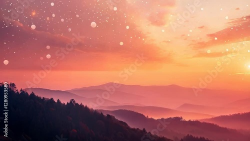 Landscape in Pink and Peach Tones with a View of Mountain Forests at Sunset and a Magnificent Sky with Floating Particles