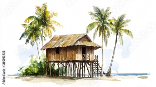 Oriental Bamboo Hut Painting Background Illustration
