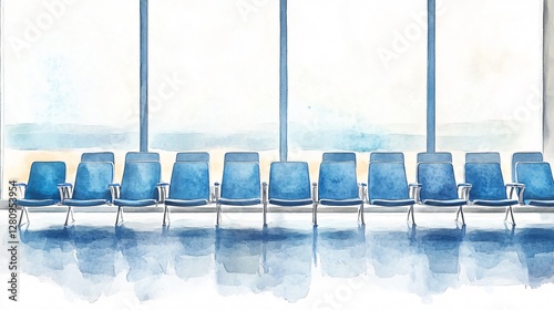 Empty Airport Waiting Area Watercolor Painting