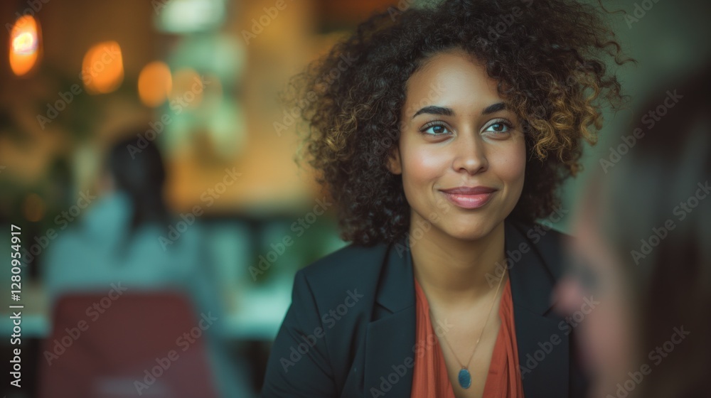 Obraz premium A woman with curly hair sits at a table, smiling during a conversation in a lively cafe filled with warm lighting