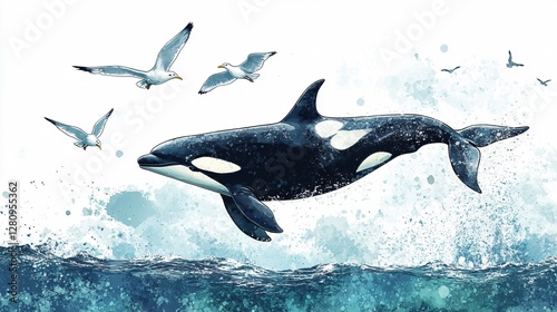 Leaping Orca Whale Watercolor Painting Illustration