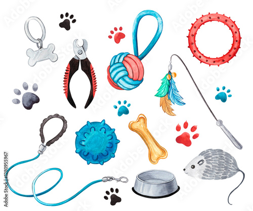 Veterinary kit with leash, ball, bone, bowl, toys, cat toys, dog toys, mouse, paws, paw prints, footprints, address book. Set of watercolor illustrations.