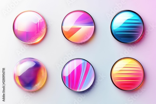 Six colorful, glossy circles; vibrant patterns.