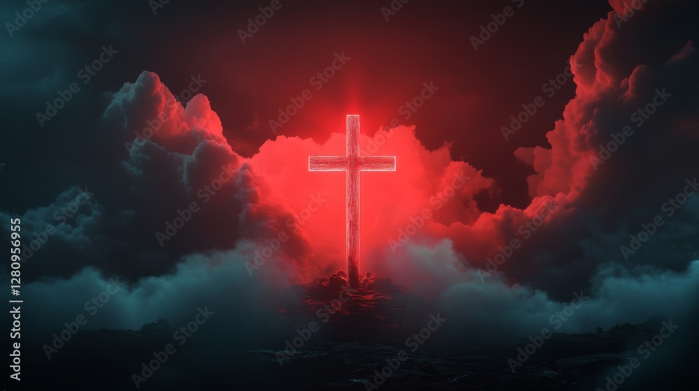 Fototapeta premium Glowing cross with red aura among dramatic clouds at night