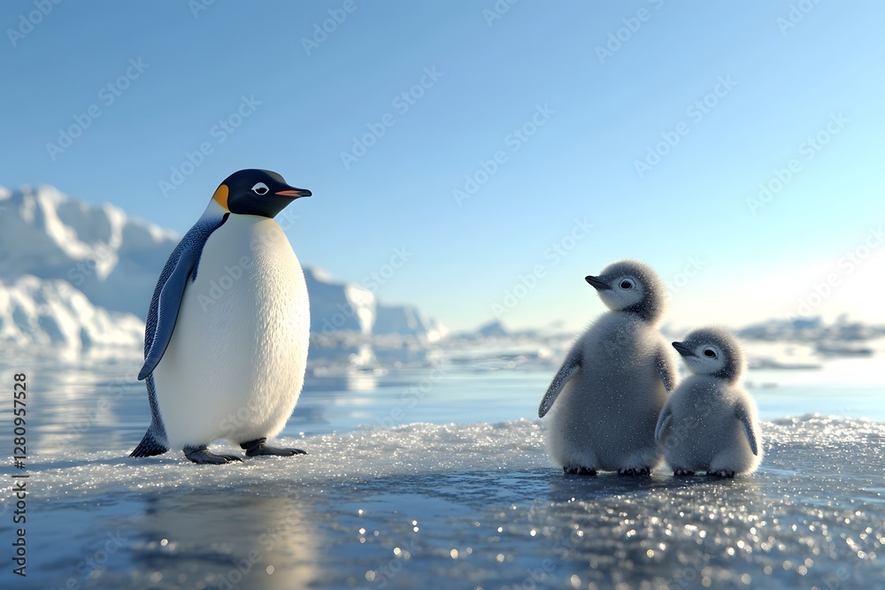 Obraz premium Photograph of a penguin with its baby in the middle of an Antarctic ice block, against a blue sky, Generative AI