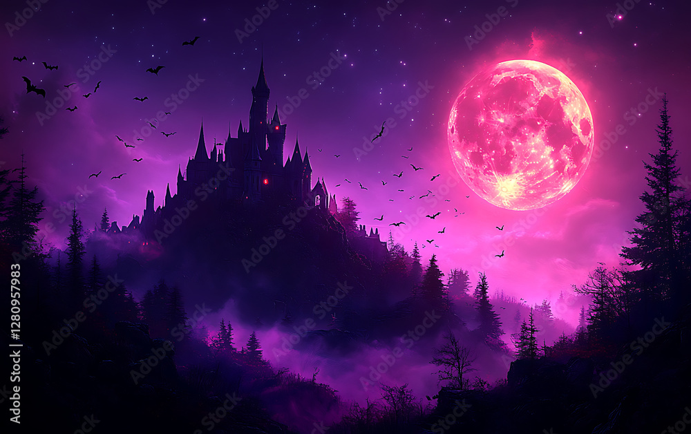 Naklejka premium Haunted Castle on Hill with Full Moon and Flying Bats 