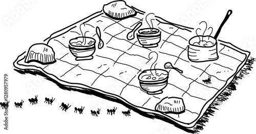 Hand-drawn picnic vector doodle. Pot of campfire stew, bowls of hot stew, picnic blanket, and ants. For those who love to dine outdoors.