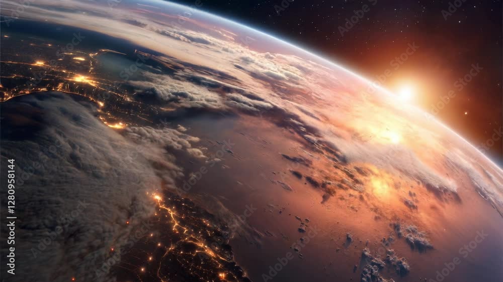 Earth from Space with Floating Clouds Against the Dark Vastness of the Cosmos