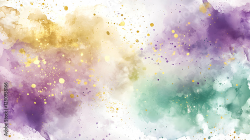 Colorful abstract watercolor design featuring purple, gold, and teal splashes enhancing artistic expression and creativity. Mardi Gras concept.