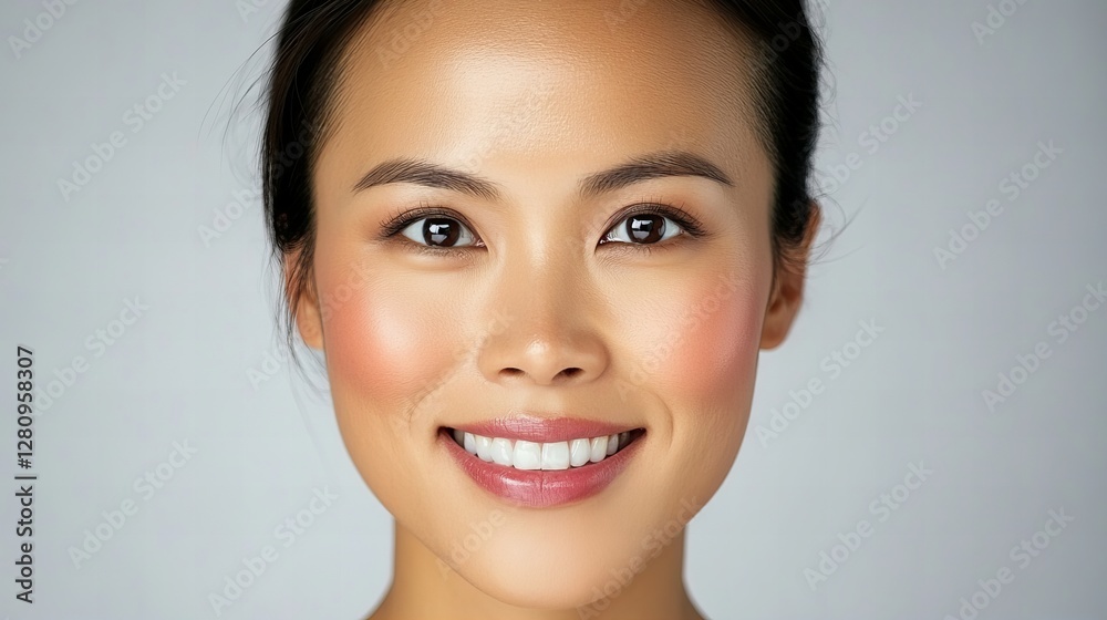 Close-up portrait of a smiling young Asian woman against a neutral background. Her radiant complexion and bright smile are captivating. Close-up portrait of a smiling young Asian woman against a neutral background. Her radiant complexion and bright smile are captivating.