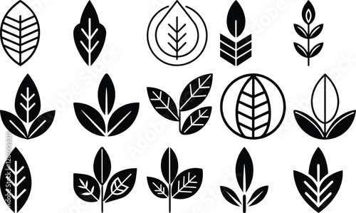 Collection of Modern Leaf Icons in Simple Black and White Style