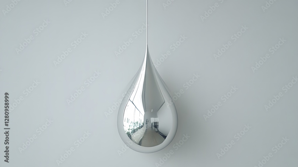 Fototapeta premium Abstract Silver Teardrop Sculpture Hanging Art Minimalist Modern Design
