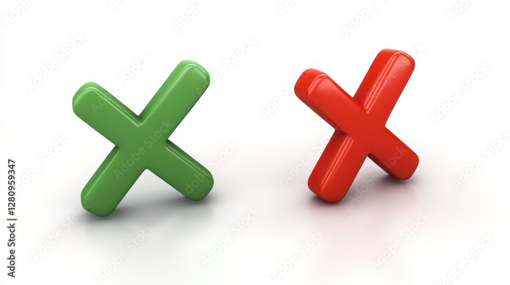 Obraz premium 3D Rendered Green Checkmark and Red Cross Symbol
