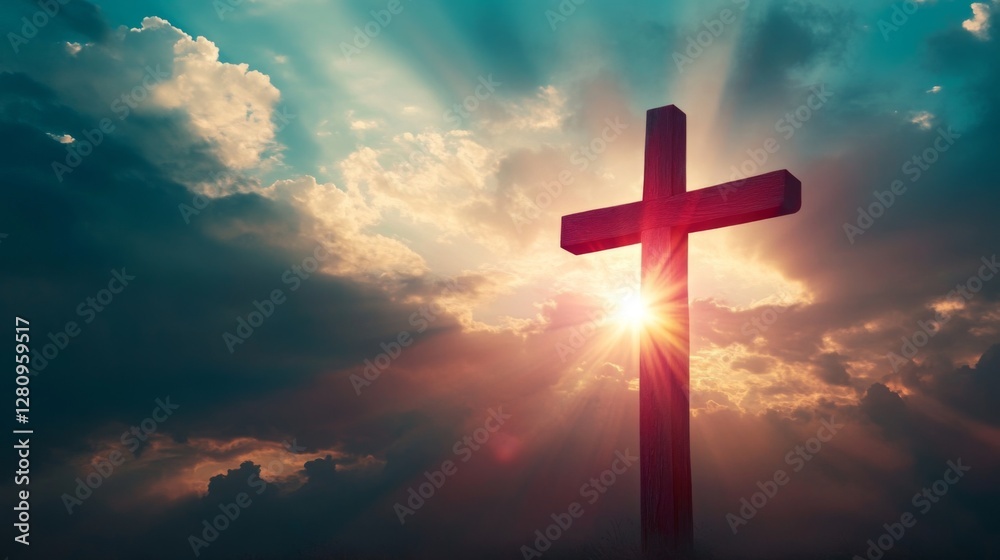 Sunlit wooden cross against dramatic cloudy sky at sunset Sunlit wooden cross against dramatic cloudy sky at sunset