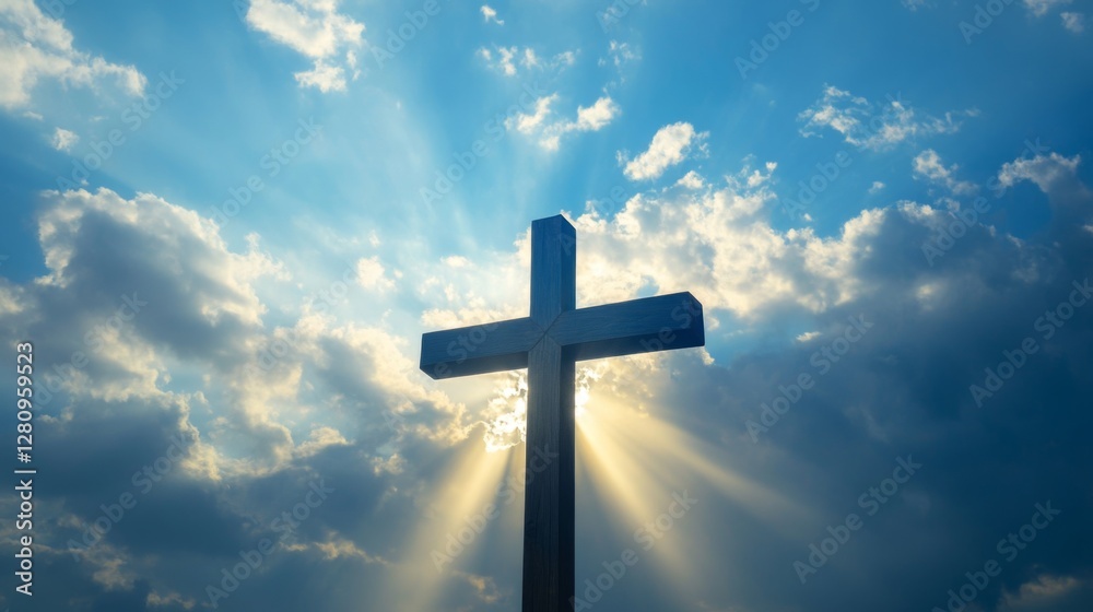Illuminated cross against a dramatic cloudy sky with sun rays breaking through