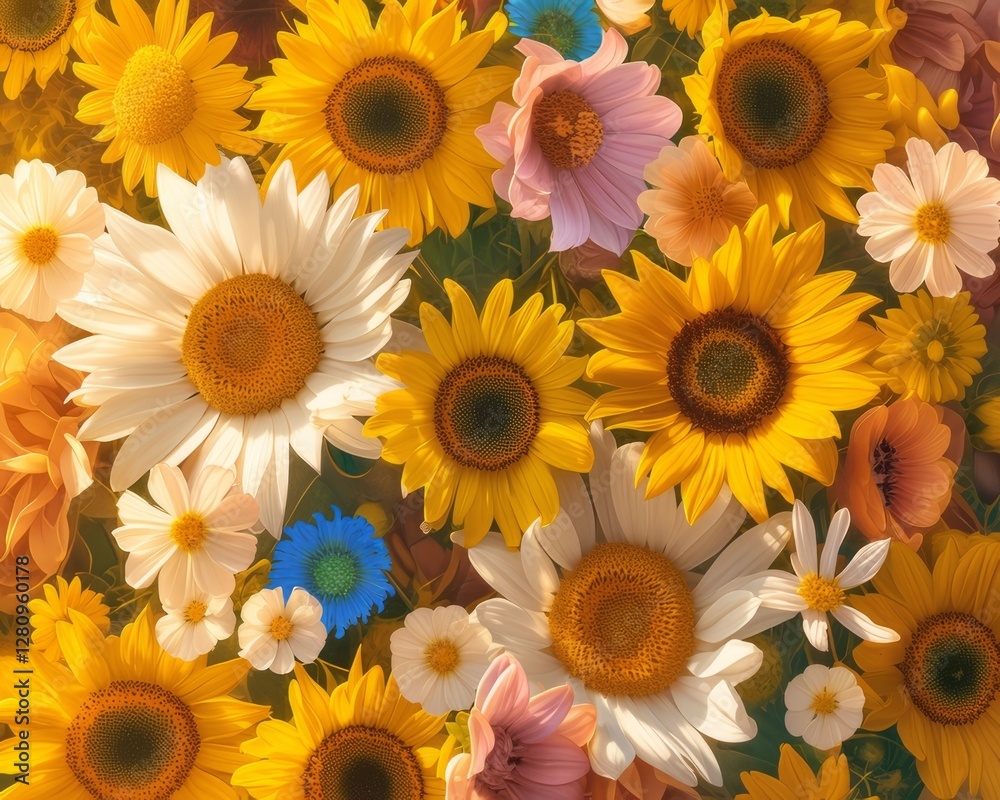 Obraz premium A bouquet of white, pink, yellow, and blue flowers, arranged beautifully in a vibrant display.