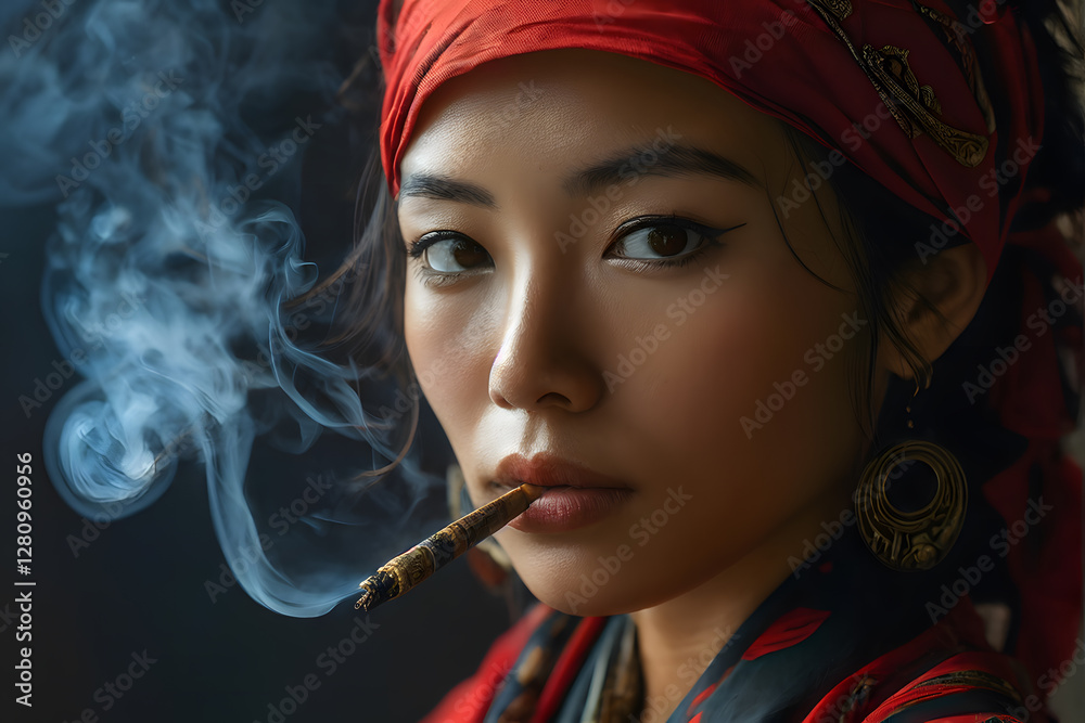 Fototapeta premium A woman is smoking a cigarette while wearing a red scarf
