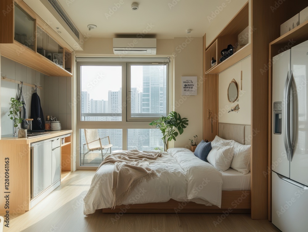 Fototapeta premium The interior design showcases a small bedroom with a bed