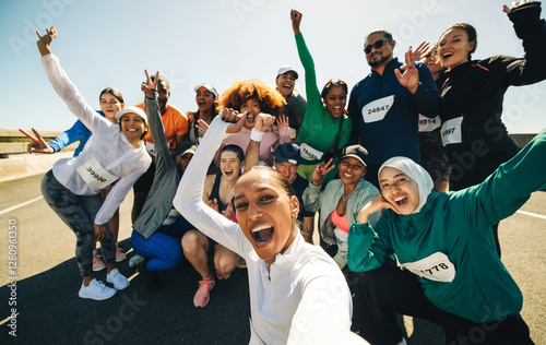 Fototapeta Naklejka Na Ścianę i Meble -  Group of friends taking a selfie at pre-race gathering