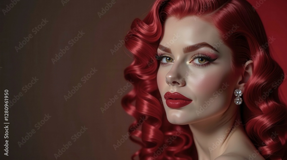 Naklejka premium A woman with red hair and red lipstick is standing in front of a red background. She has a confident and bold look on her face