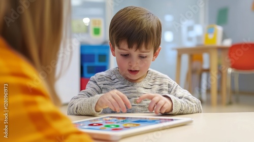 Autism research team using a tablet for a language development assessment. Featuring speech therapy and autism research