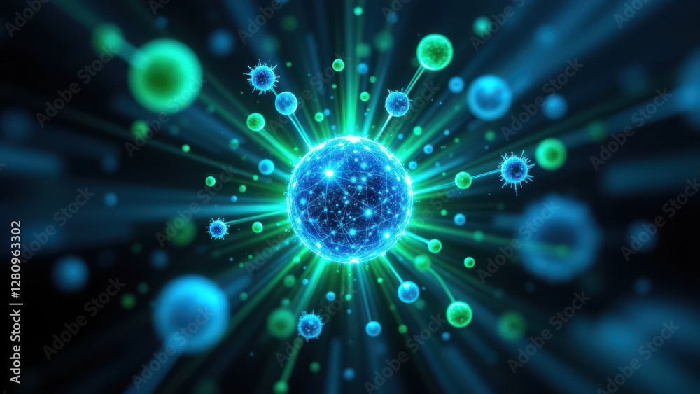 This image features an artistic rendering of a semaglutide molecule with surrounding atoms and particles, symbolizing its biological activity.