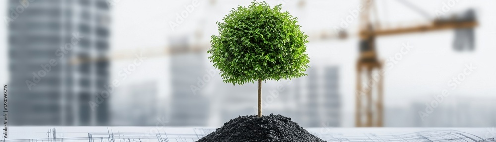 Fototapeta premium Small Green Tree Surrounded by Soil on Construction Site with Buildings and Cranes in the Background