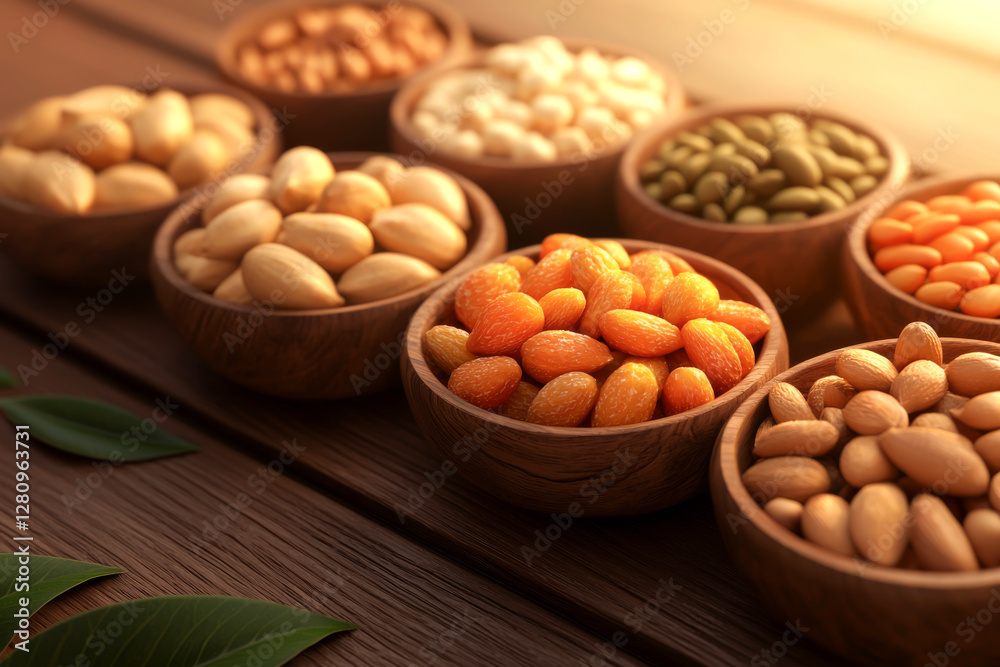 A collection of assorted nuts in wooden bowls arranged on a wooden surface. A collection of assorted nuts in wooden bowls arranged on a wooden surface.