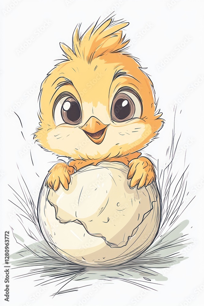 Cute chick hatching from egg, spring scene, Easter card Cute chick hatching from egg, spring scene, Easter card