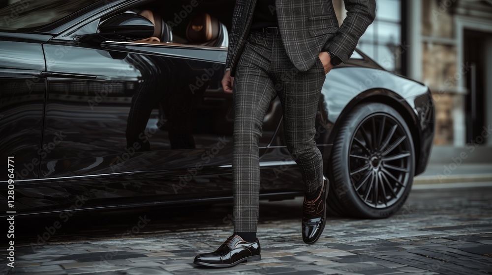 Obraz premium Elegant man in a tailored plaid suit stepping out of a sleek black luxury car, showcasing polished leather dress shoes and confident body language.