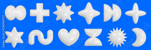 Collection of geometric 3D figures with a glossy plastic texture arranged on a blue background showcasing creativity in design and form.