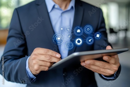 Global industry conceptManager Ai Technical Industrial Engineer working and control robotics with monitoring system Automation robot arm software and icon industry network connection on tablet