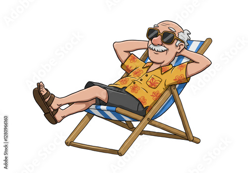 Isolated Cartoon Senior Man Relaxing in Deckchair, Summer Vacation