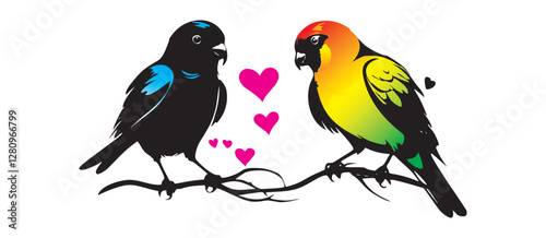 Romantic Love Birds Silhouette - Monochrome Vector Illustration