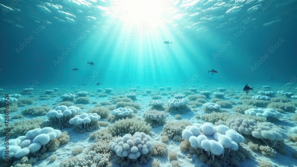 Naklejka premium Underwater view of sandy ocean floor with scattered rocks and sunlight rays 