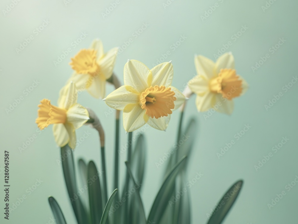 Fototapeta premium Yellow tulips with green leaves in a clear vase.