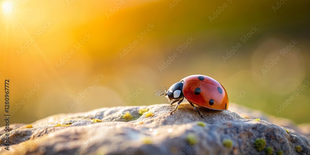 Obraz premium A Vibrant Ladybug on a Sunlit Rock, Basking in Golden Hour Light