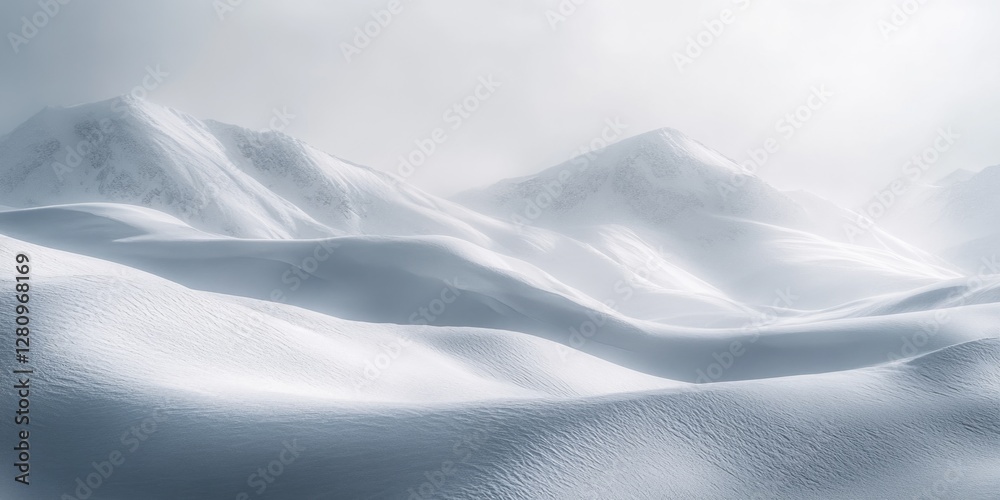 Obraz premium A cold, serene mountainous landscape in winter. Snow-covered hills roll into the distance.