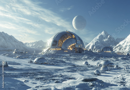 A lunar base with dome structures and habitat modules is set against a breathtaking lunar landscape, featuring mountains and a distant planet
