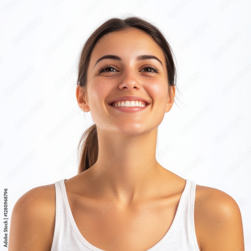 Ultra realistic happy woman smiling isolated top or side view white background Ultra realistic happy woman smiling isolated top or side view white background