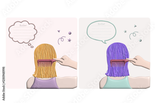 後ろ髪に櫛を通しているぷっくらとしたイラスト・吹き出し