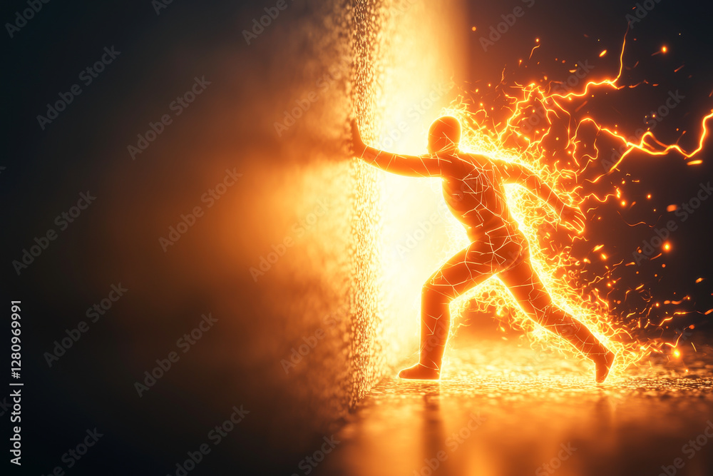 Naklejka premium A figure breaking through a barrier of light and energy, symbolizing transformation.