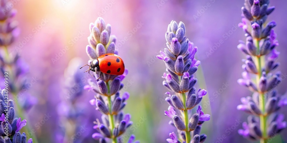 A ladybug delicately perched atop a lavender bloom, bathed in the soft glow of morning light, amidst a field of vibrant purple flowers. A ladybug delicately perched atop a lavender bloom, bathed in the soft glow of morning light, amidst a field of vibrant purple flowers.