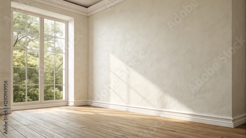 Bright and airy minimal interior design with large window overlooking lush greenery outside creating a calming and serene atmosphere  The spacious room features hardwood floors clean white walls
