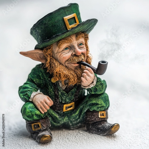 Ultra realistic pipe-smoking leprechaun isolated top or side view white background