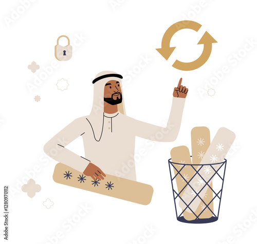 Arab Man Restoring Deleted Files In Flat Vector Illustration Symbolizing Data Recovery, Digital Security, And File Restoration, Isolated On White Background